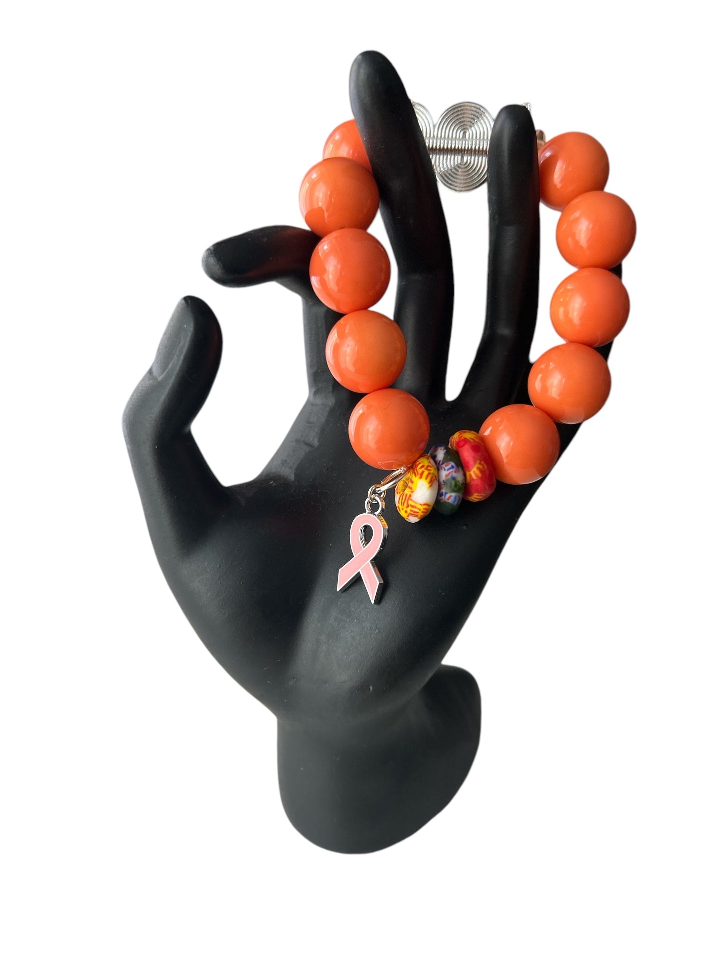 PINK RIBBON BRACELET Krobo & Orange Beads