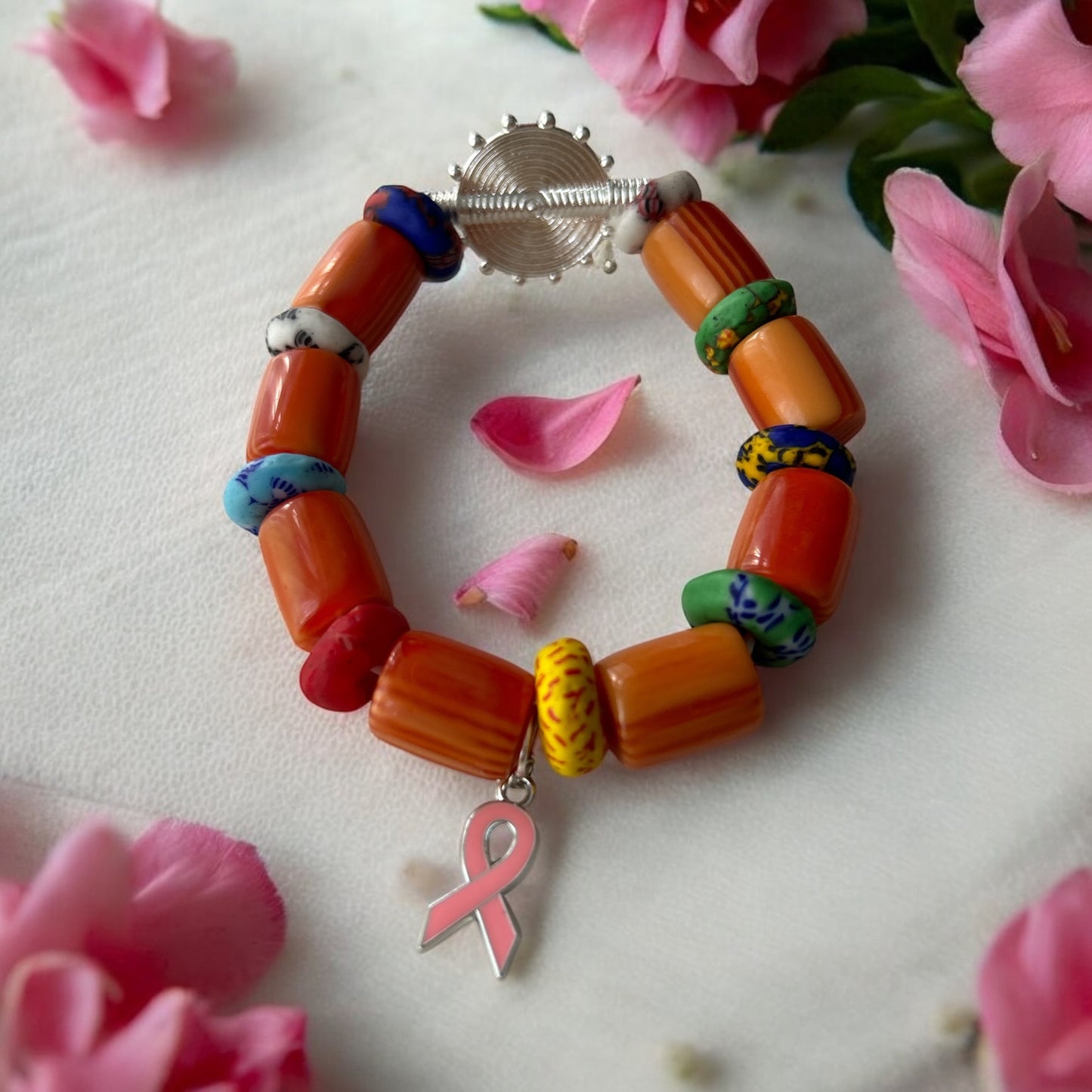 PINK RIBBON BRACELET Krobo & Orange Beads B
