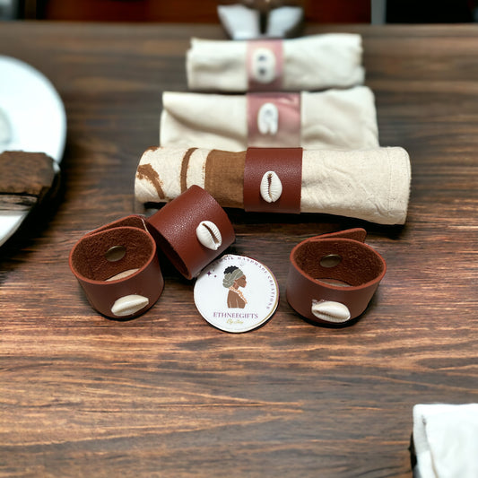 NAPKINS RINGS LEATHER & COWRIE (2 Set of 2) 4