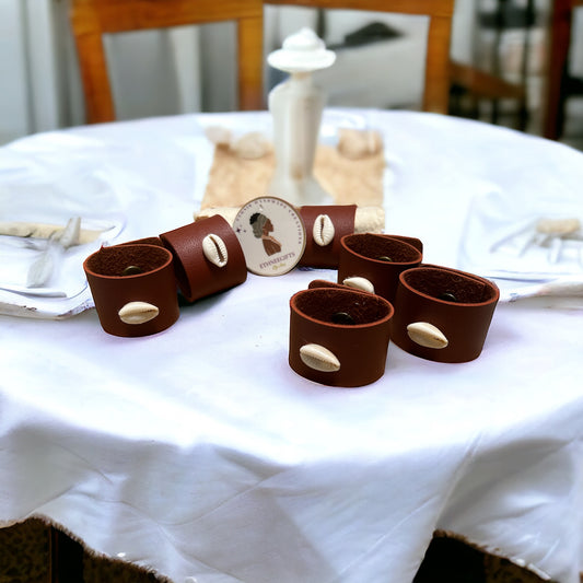 NAPKINS RINGS LEATHER & COWRIE (3 Set of 2) 6