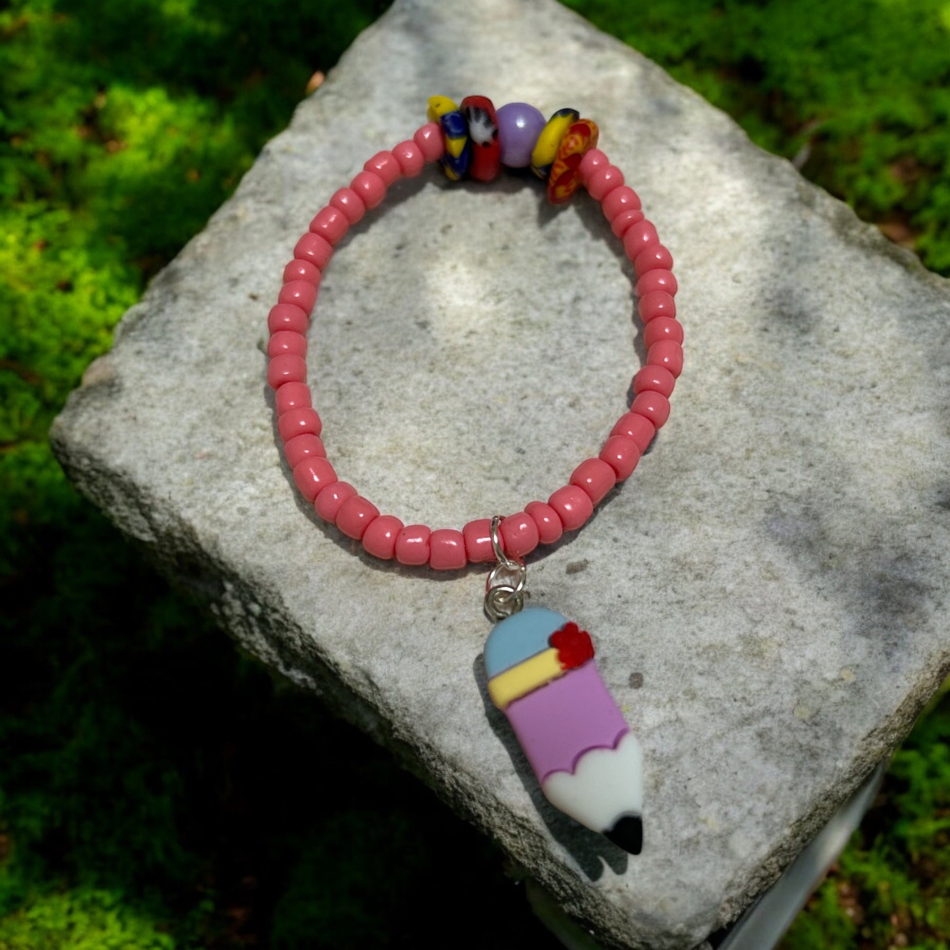 ETHNEEGIFTS - BRACELET KIDS Pink Krobo Flat Stones PENCIL