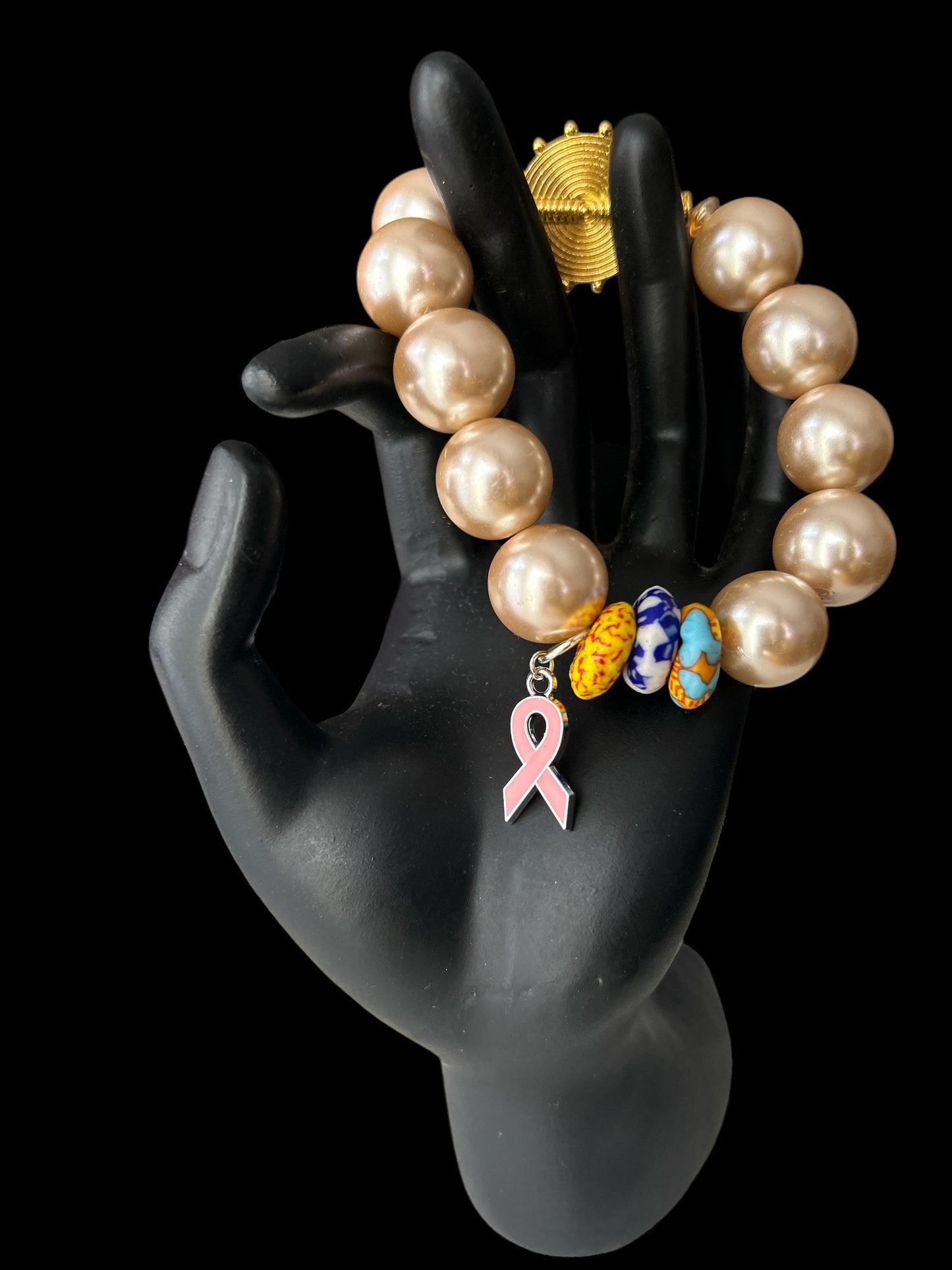 PINK RIBBON BRACELET Krobo & Golden Beads