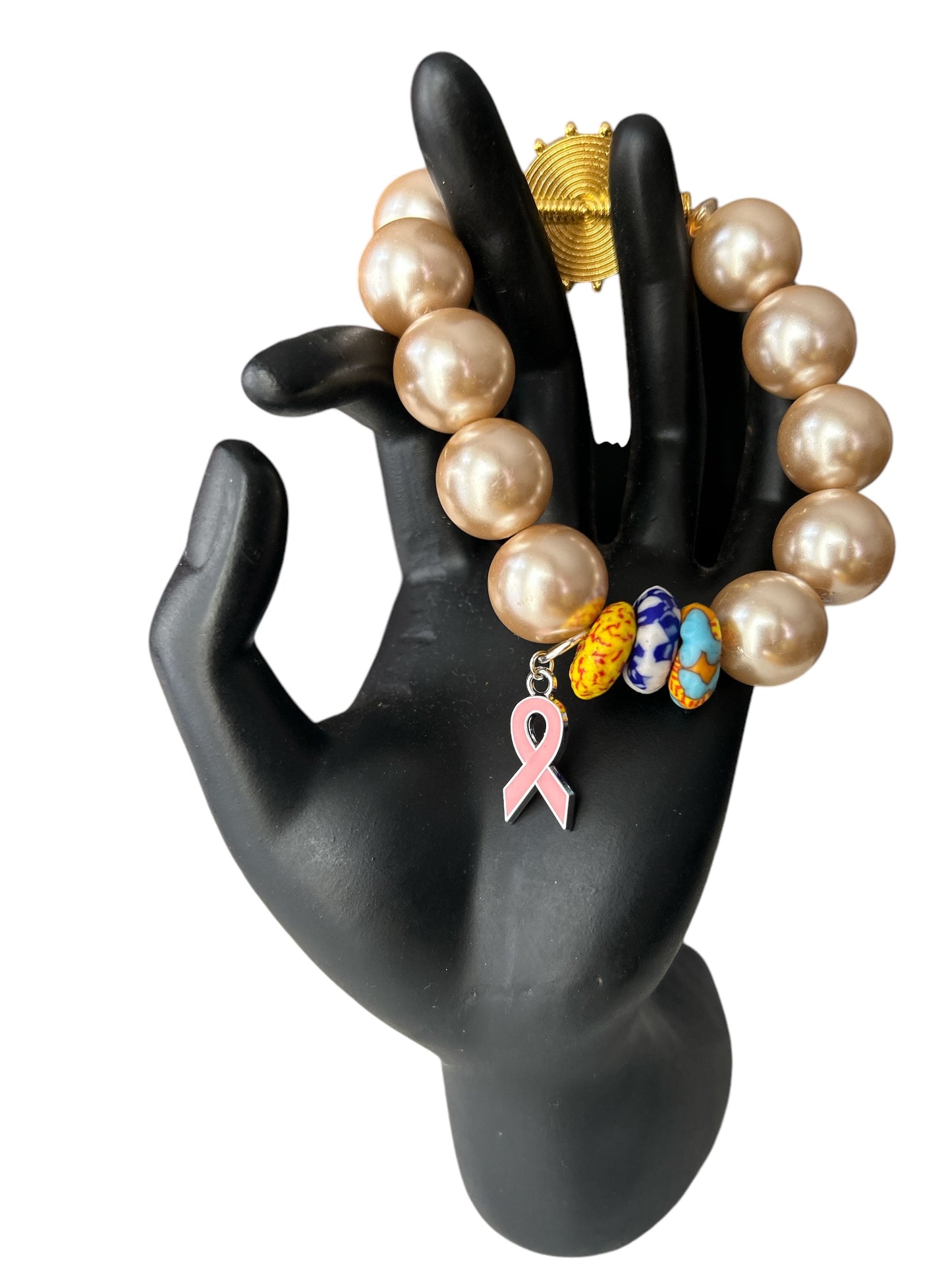 PINK RIBBON BRACELET Krobo & Golden Beads