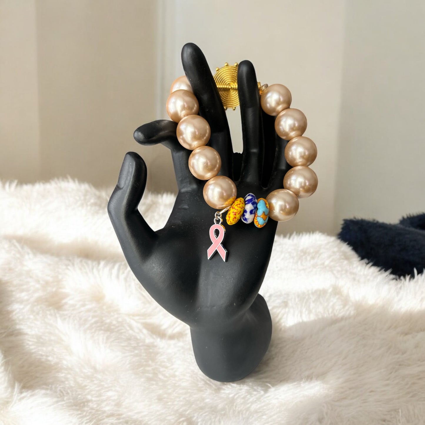 PINK RIBBON BRACELET Krobo & Golden Beads