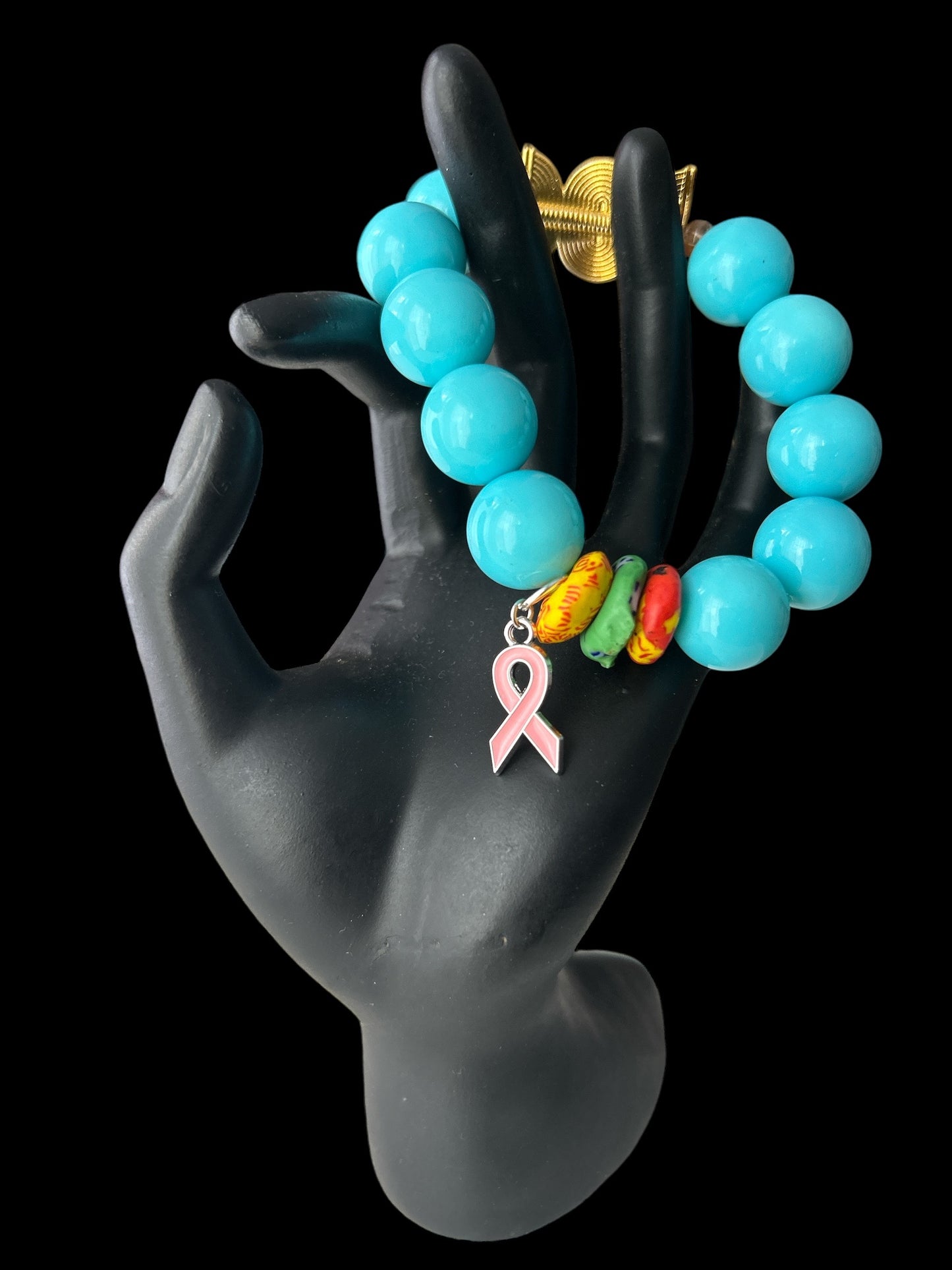 PINK RIBBON BRACELET Krobo & Blue Sea Beads