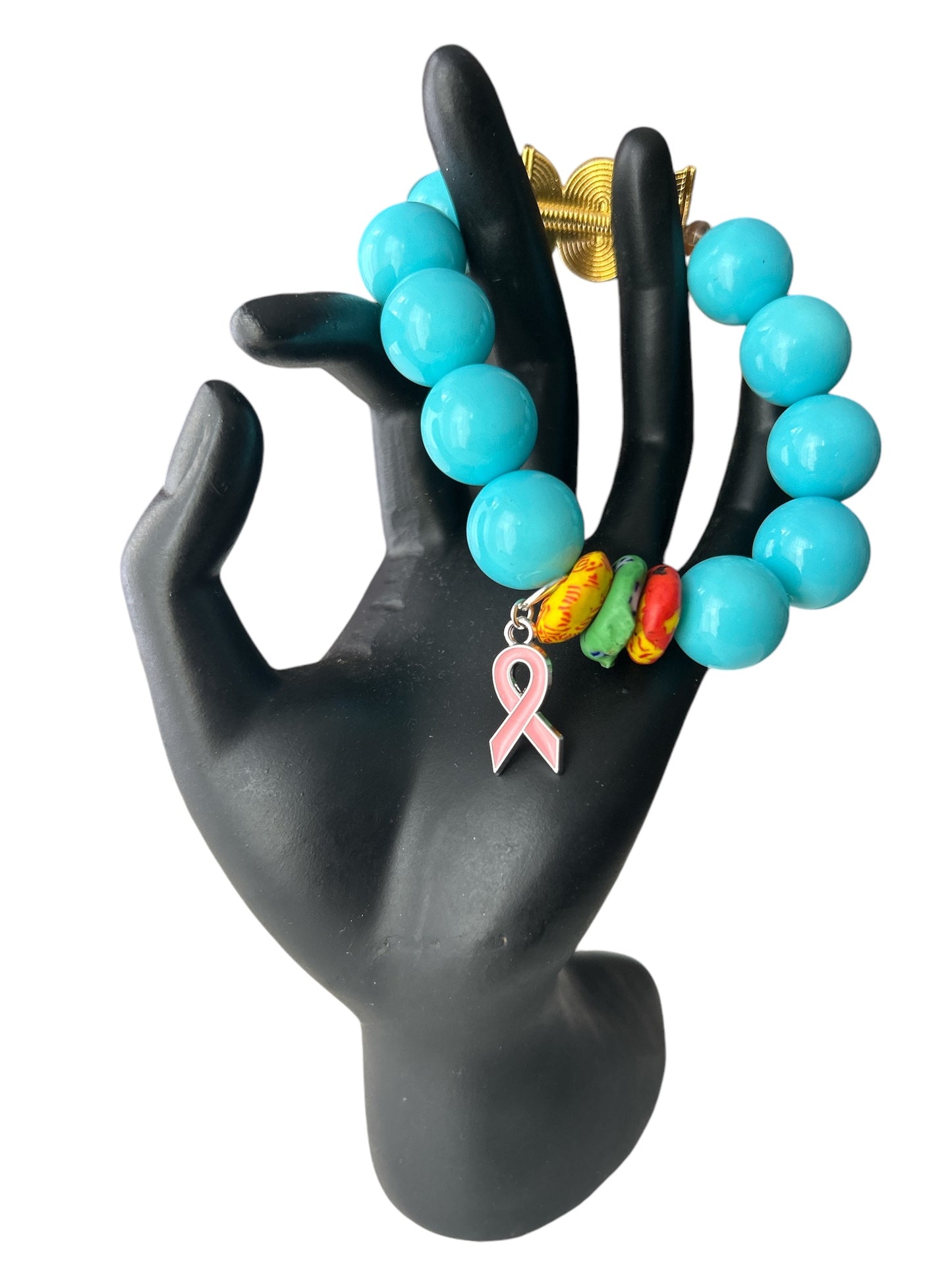 PINK RIBBON BRACELET Krobo & Blue Sea Beads