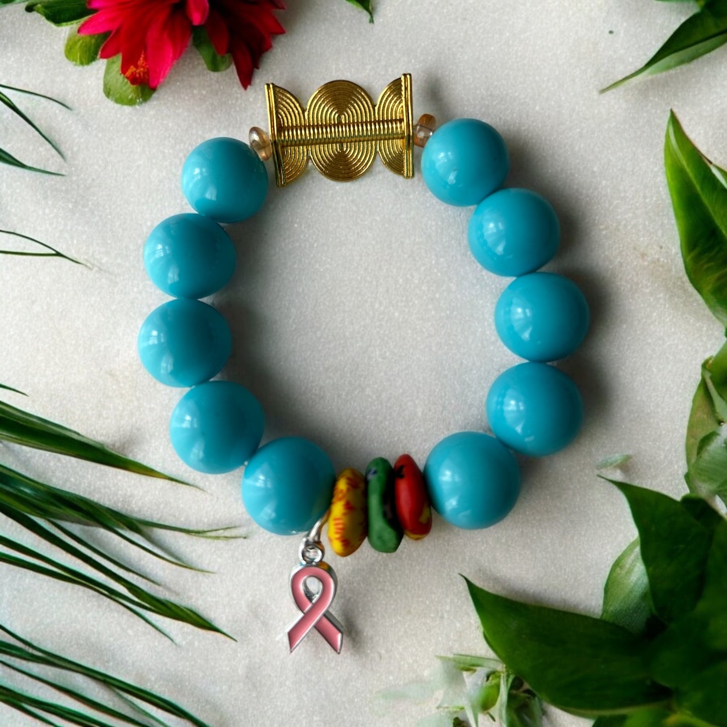 PINK RIBBON BRACELET Krobo & Blue Sea Beads