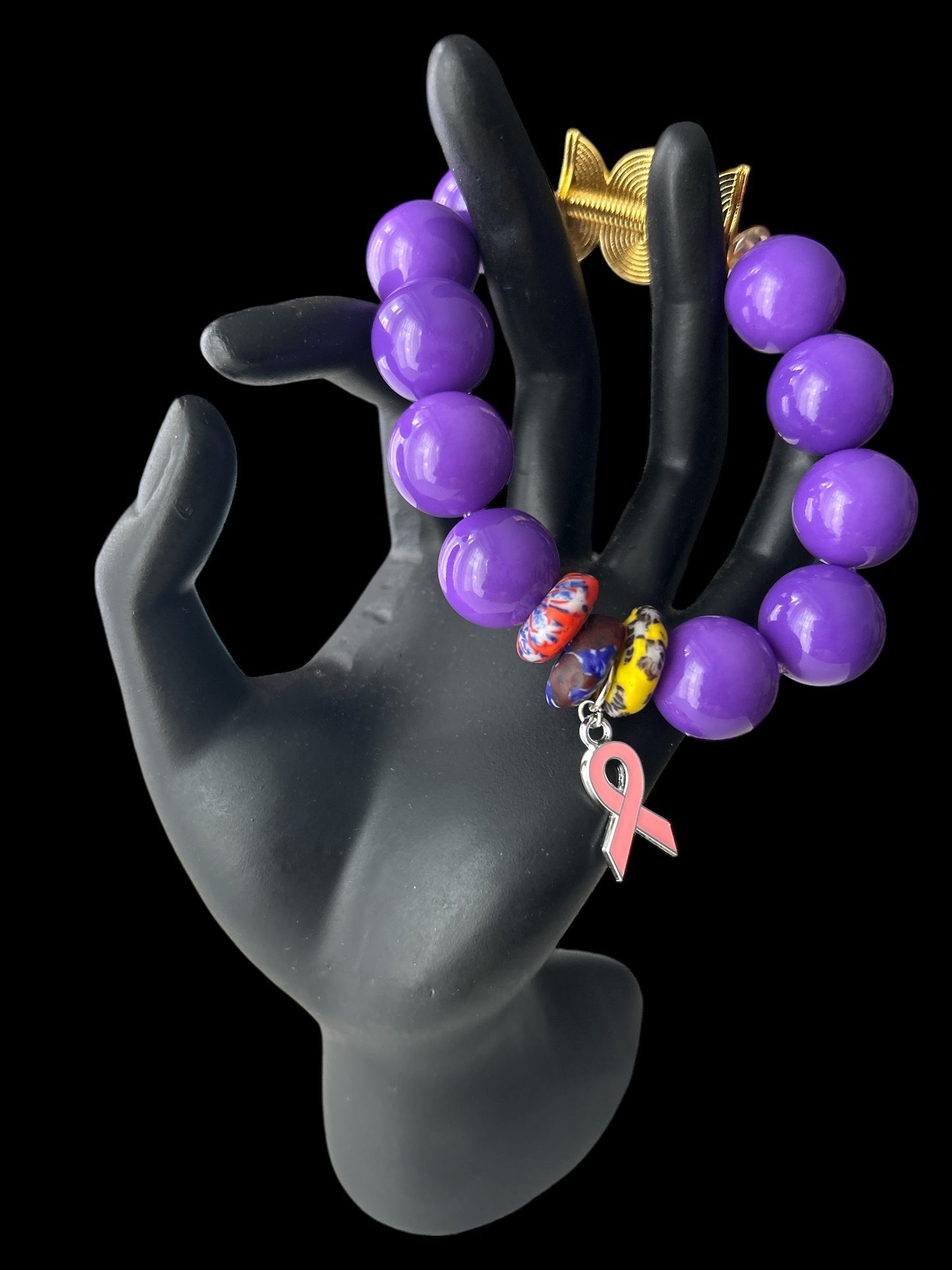 PINK RIBBON BRACELET Krobo & Purple Beads