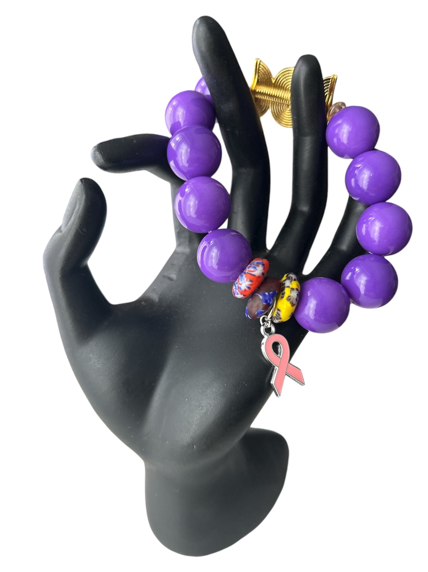 PINK RIBBON BRACELET Krobo & Purple Beads