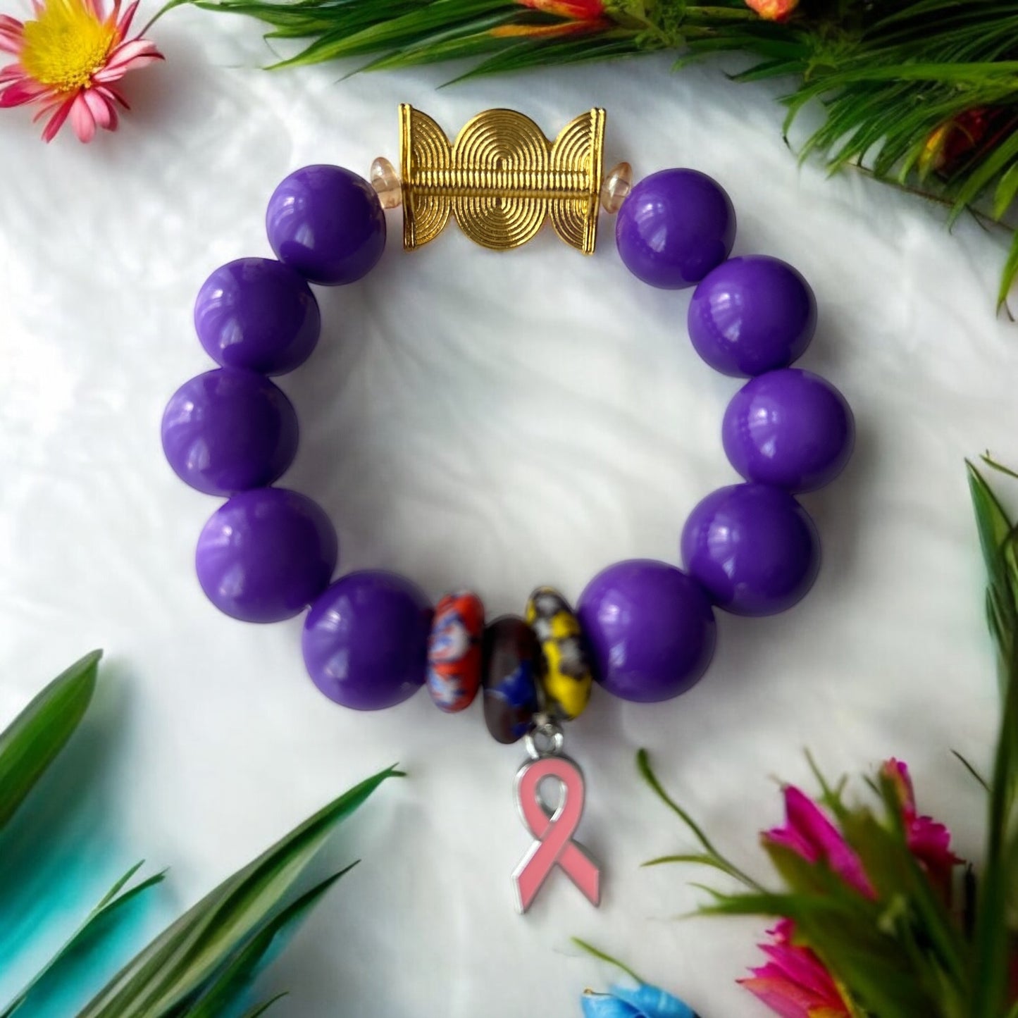 PINK RIBBON BRACELET Krobo & Purple Beads