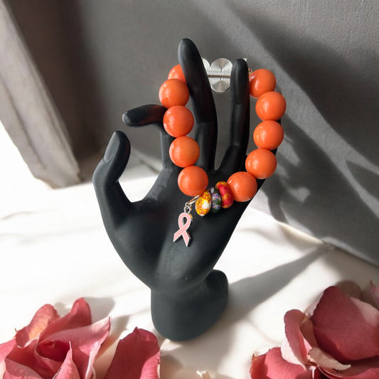 PINK RIBBON BRACELET Krobo & Orange Beads