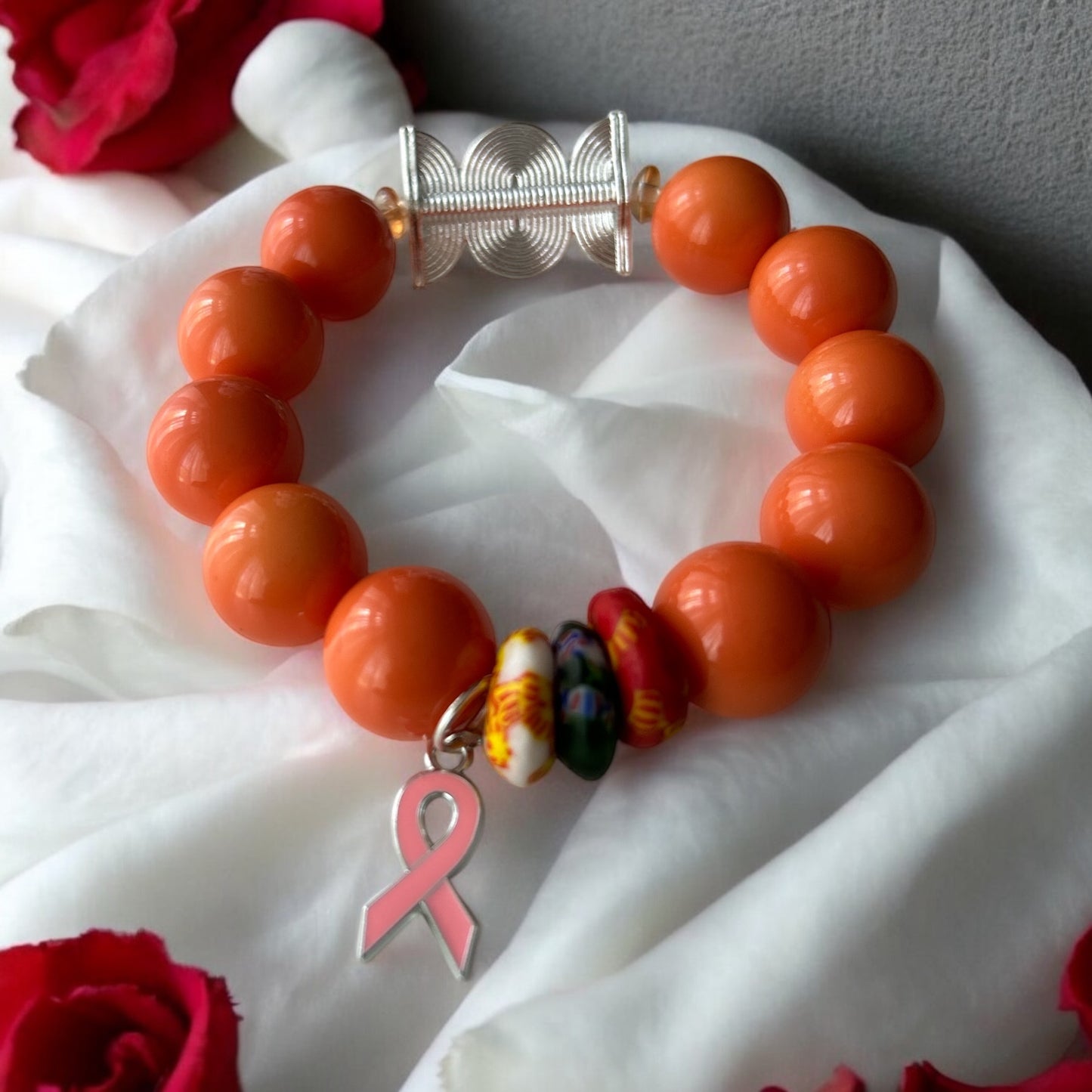 PINK RIBBON BRACELET Krobo & Orange Beads