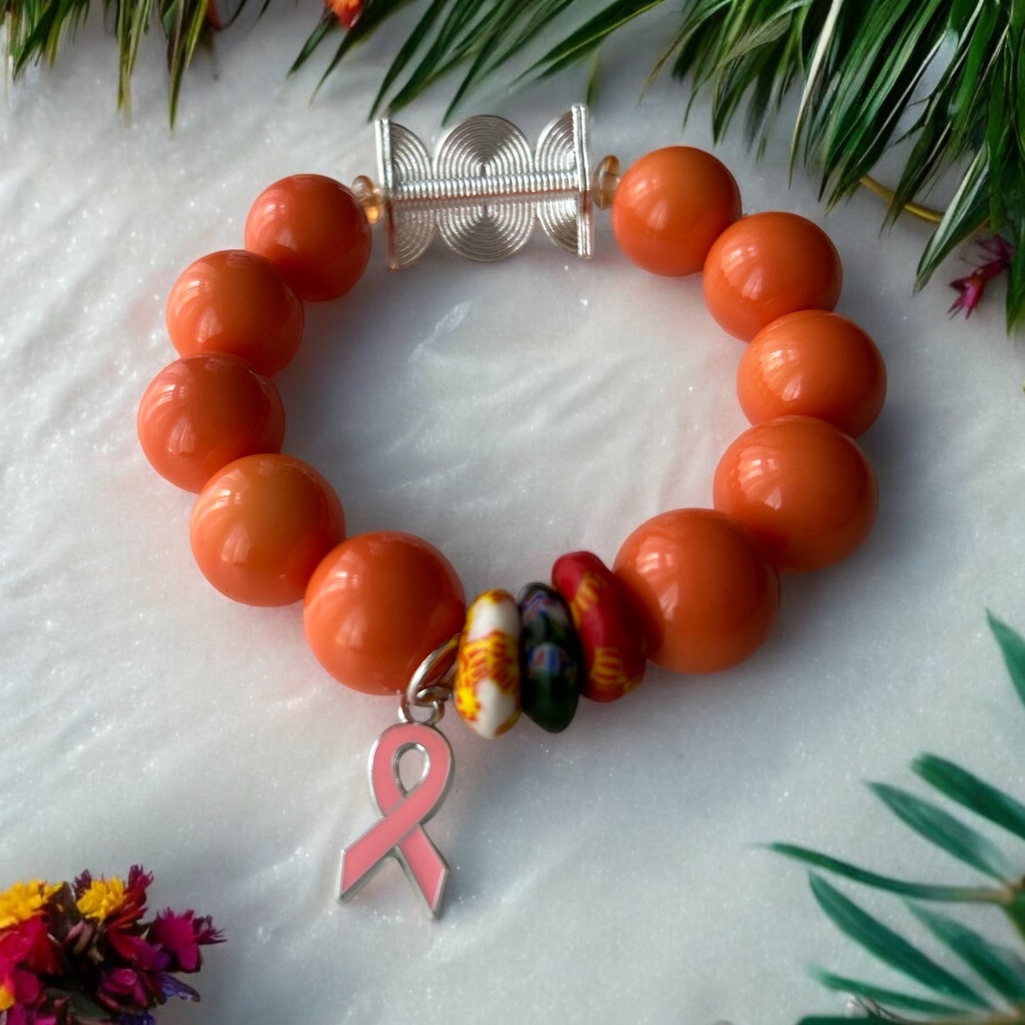 PINK RIBBON BRACELET Krobo & Orange Beads