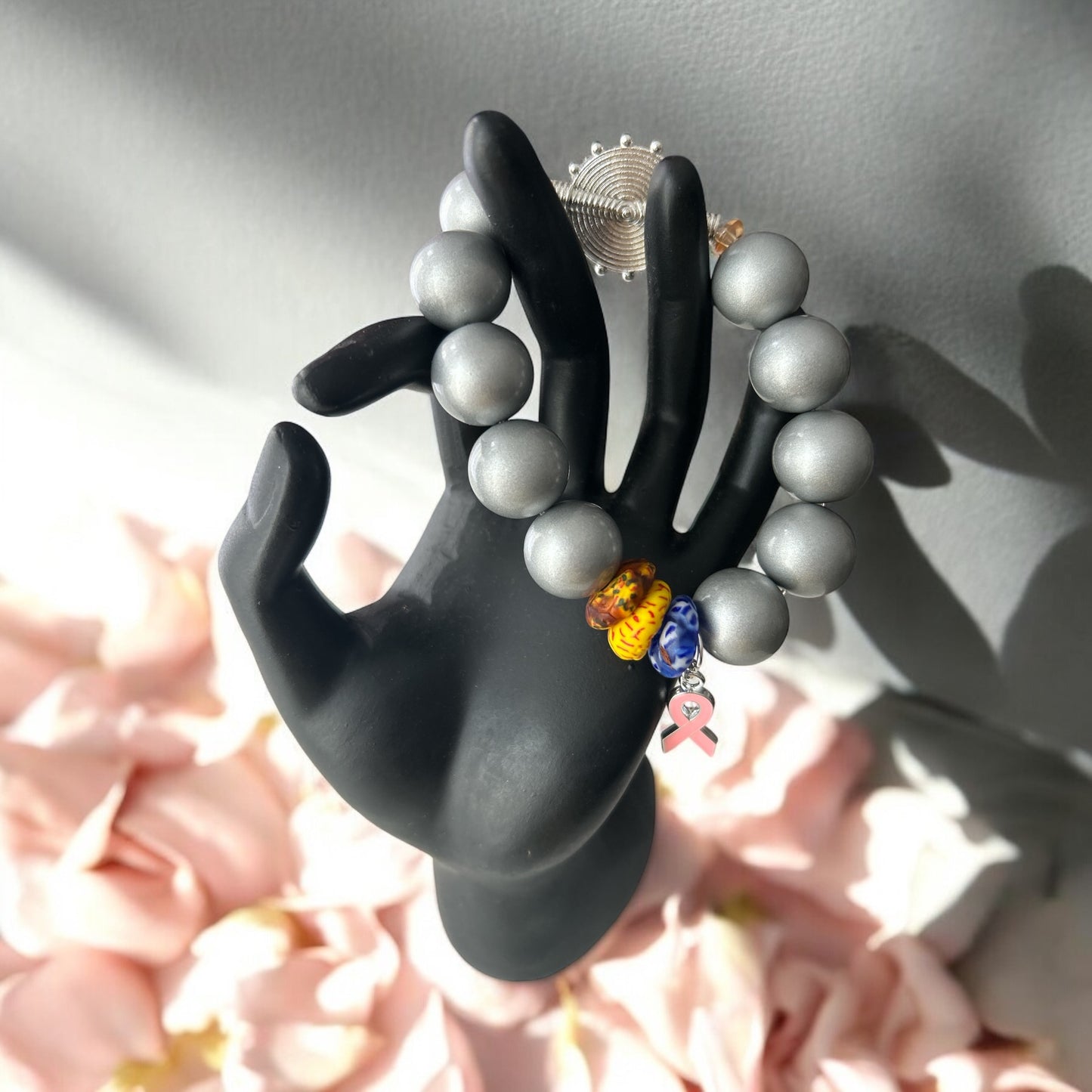 PINK RIBBON BRACELET Krobo & Grey Beads