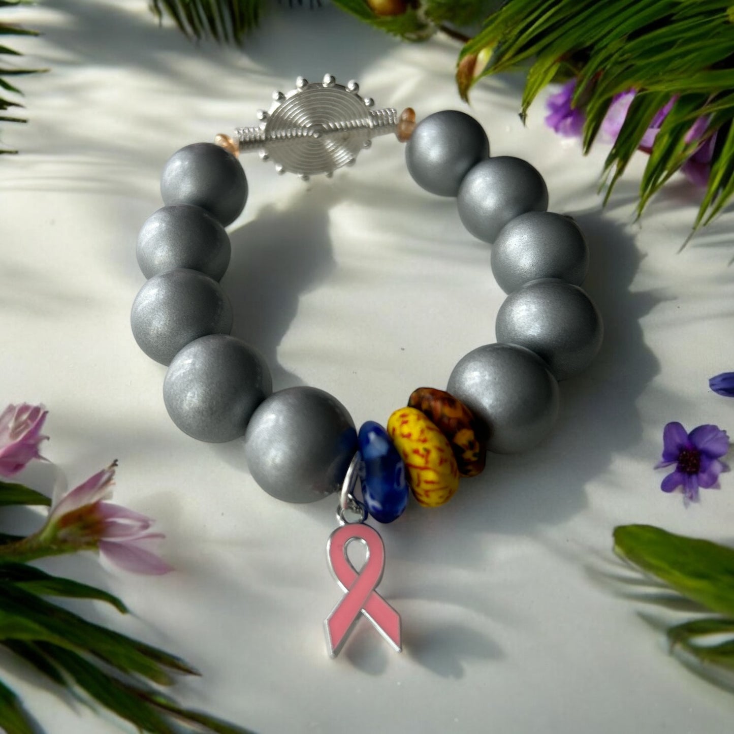 PINK RIBBON BRACELET Krobo & Grey Beads