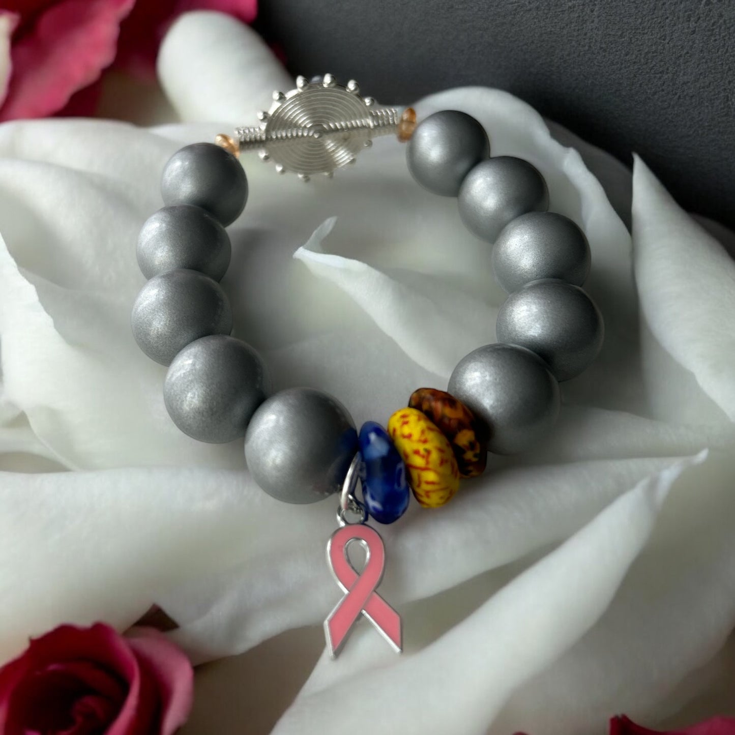 PINK RIBBON BRACELET Krobo & Grey Beads