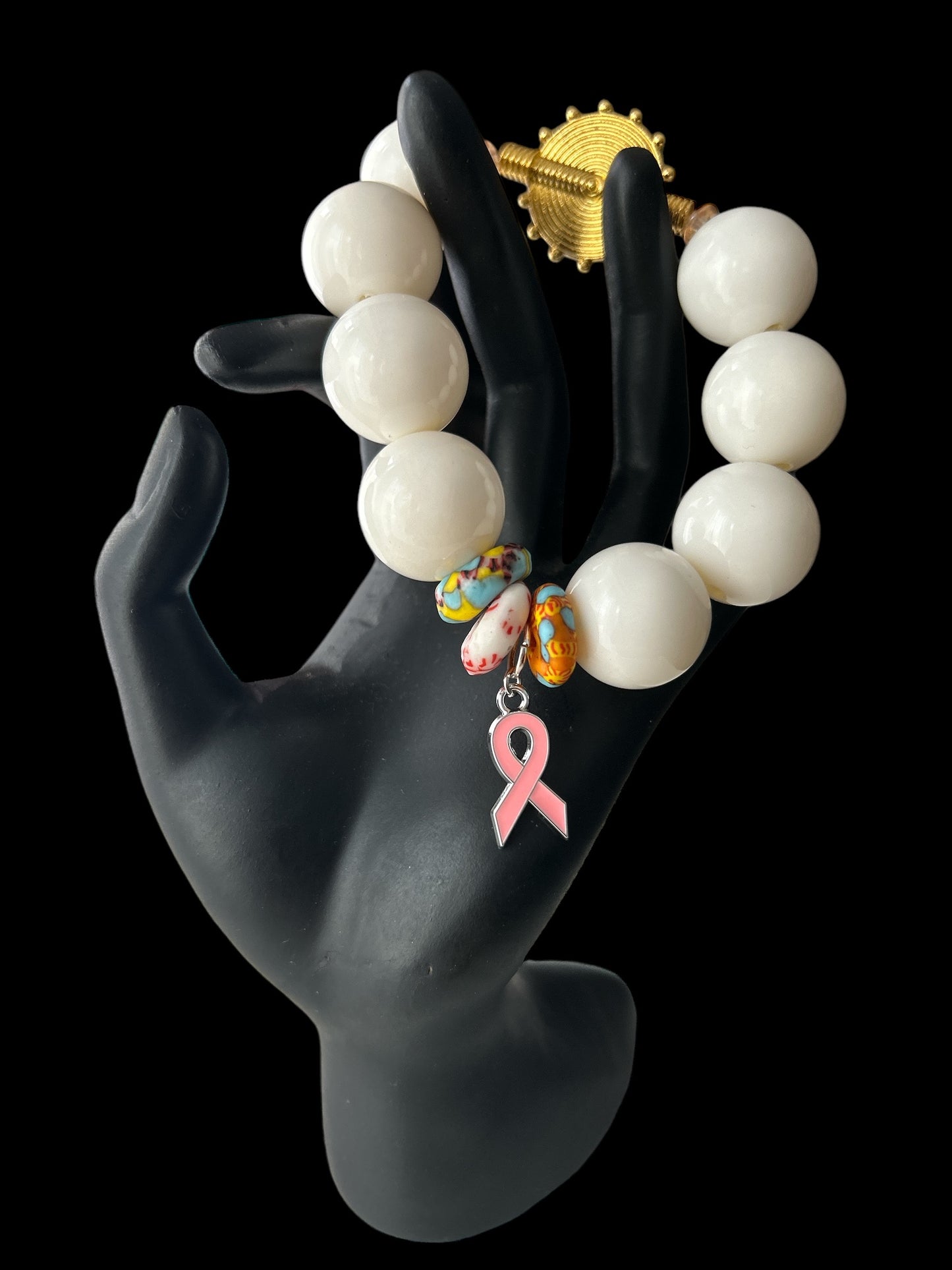 PINK RIBBON BRACELET Krobo & White Beads