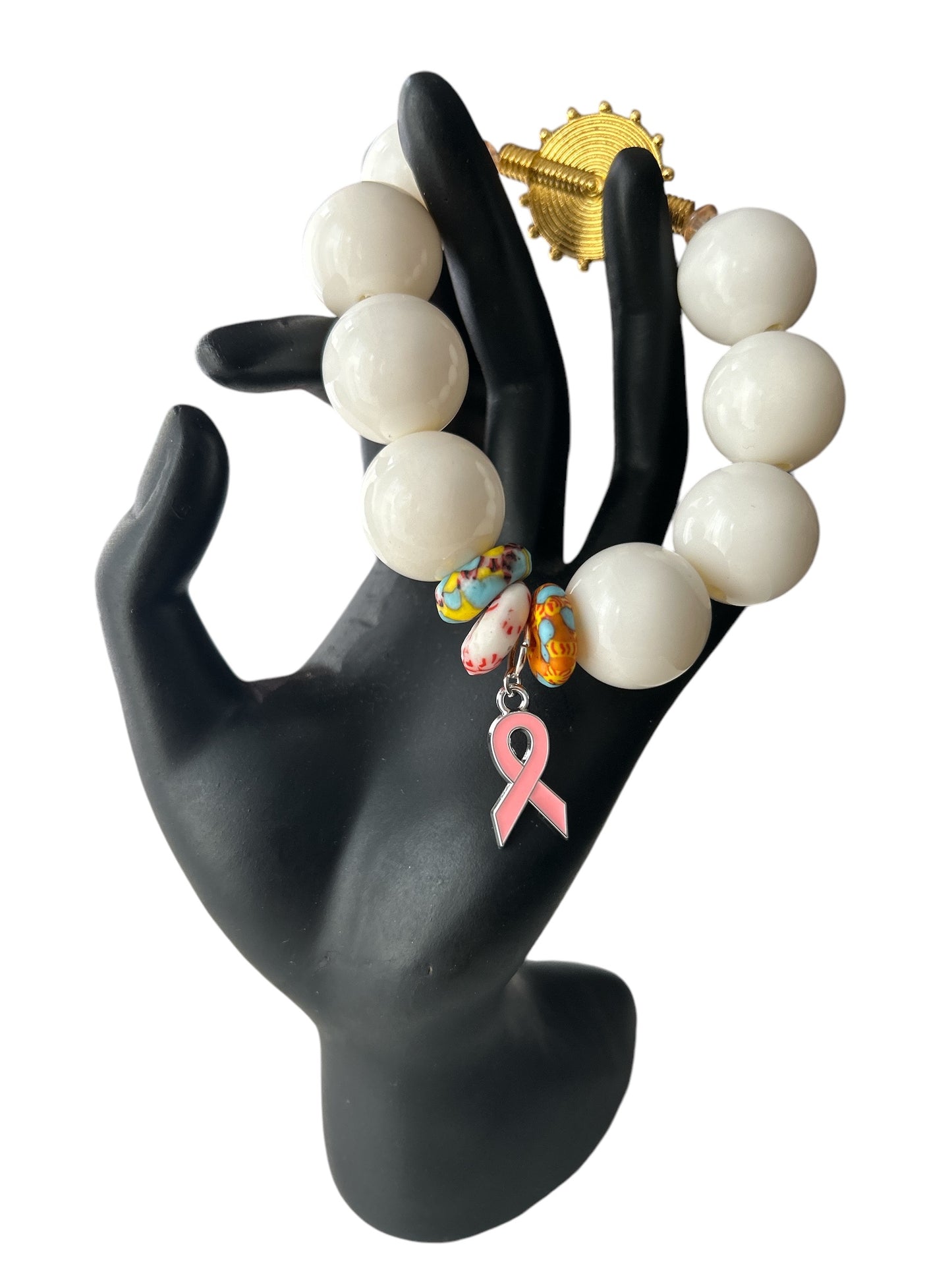 PINK RIBBON BRACELET Krobo & White Beads