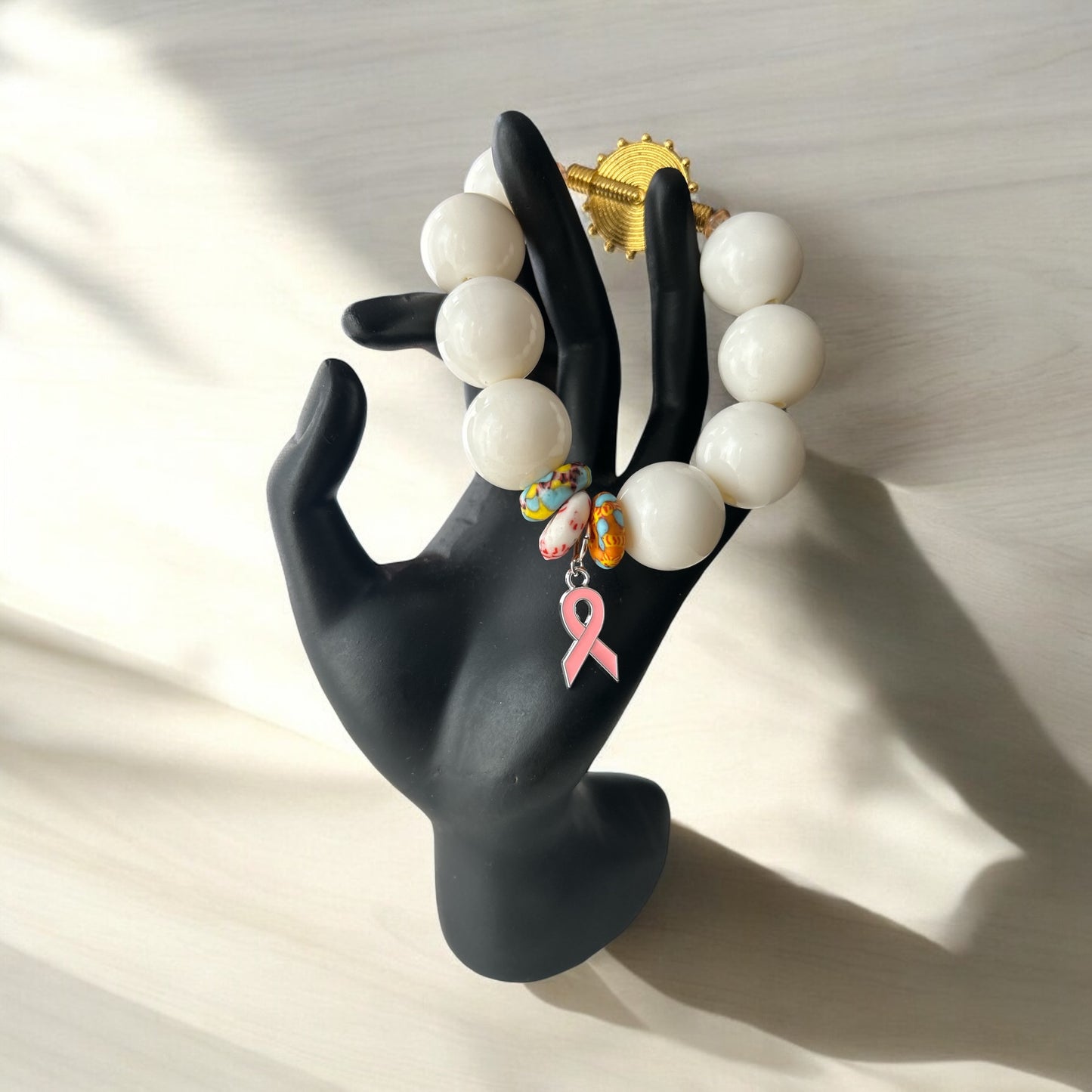 PINK RIBBON BRACELET Krobo & White Beads