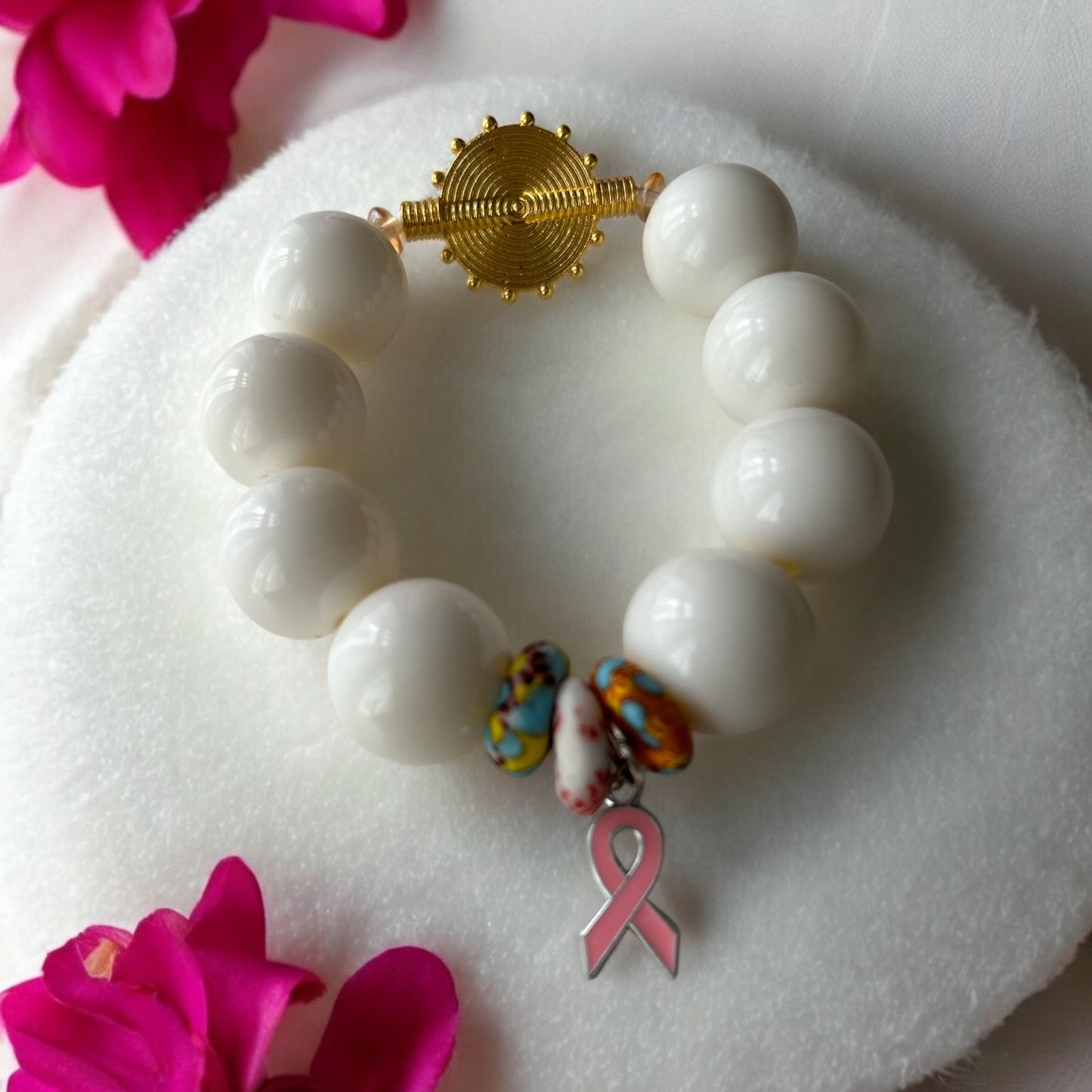 PINK RIBBON BRACELET Krobo & White Beads