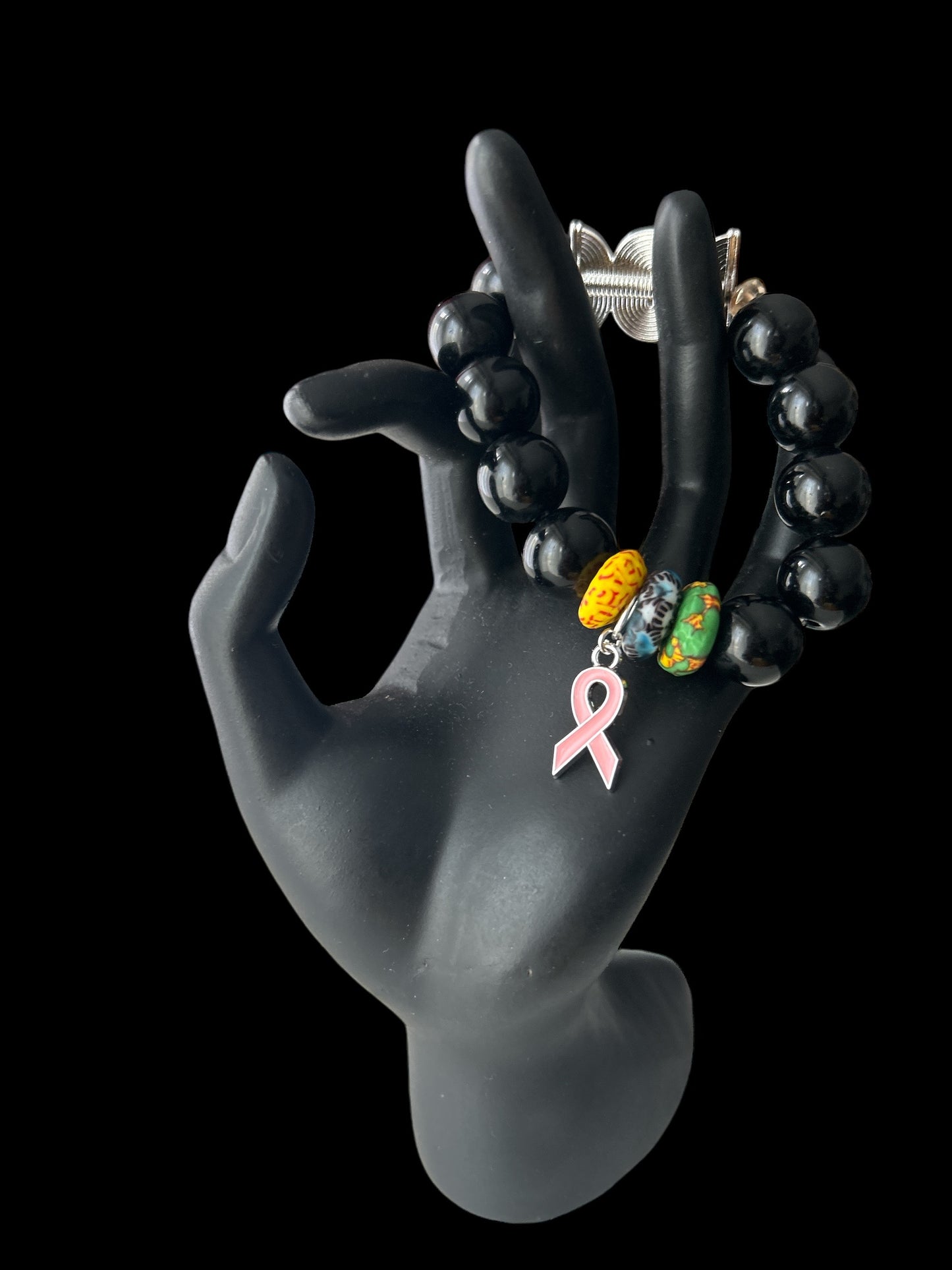 PINK RIBBON BRACELET Krobo & Black Beads