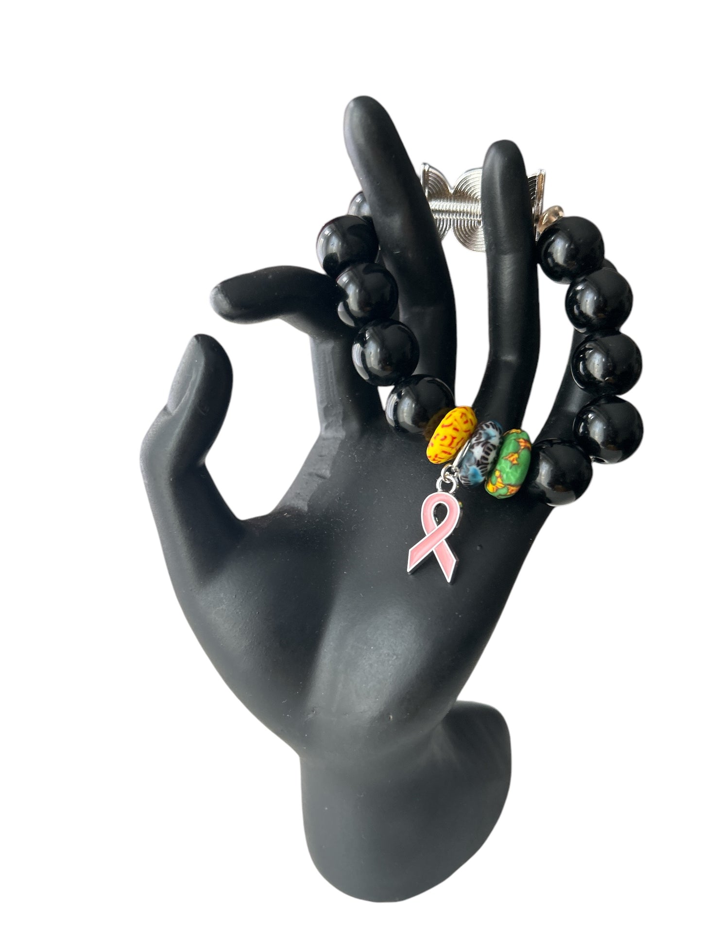 PINK RIBBON BRACELET Krobo & Black Beads