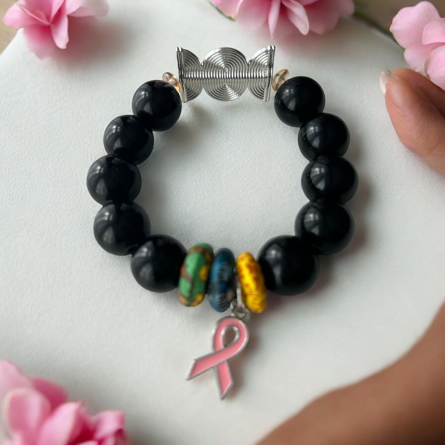 PINK RIBBON BRACELET Krobo & Black Beads