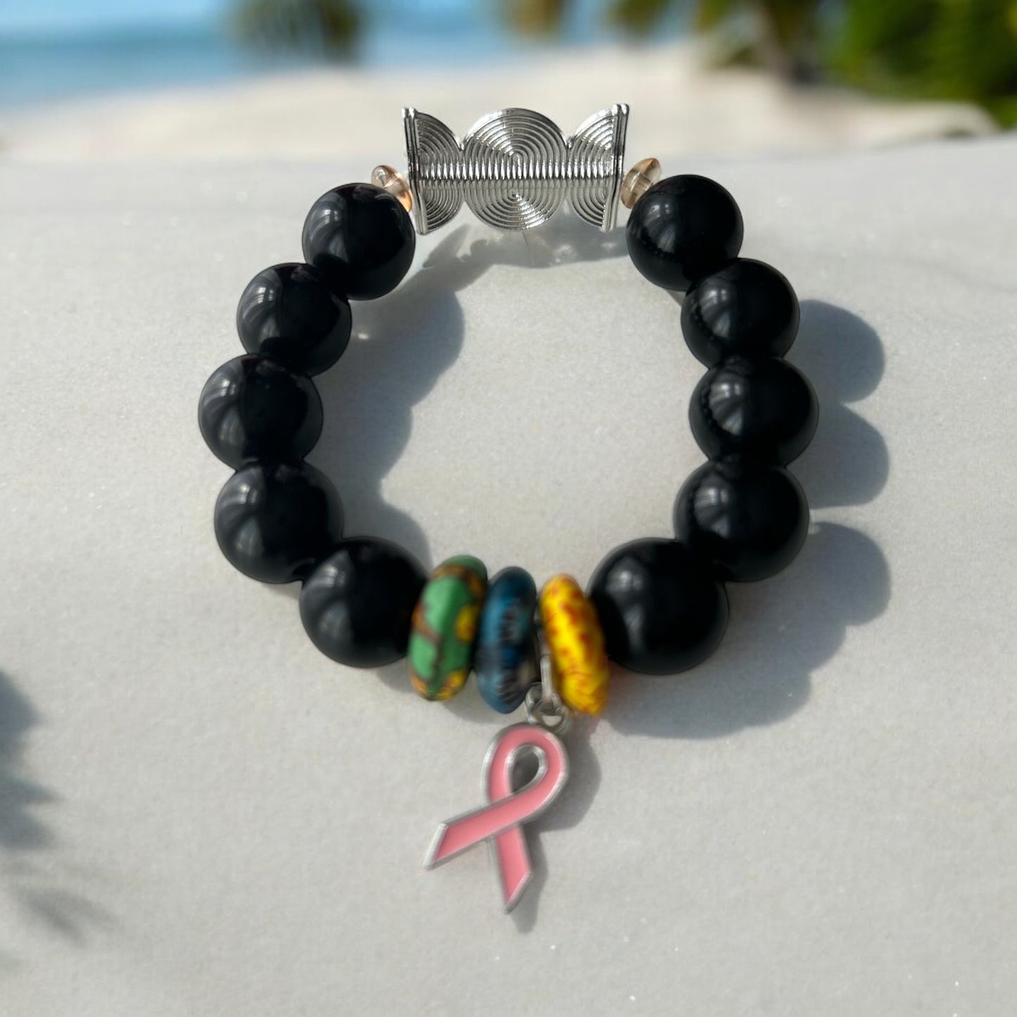 PINK RIBBON BRACELET Krobo & Black Beads