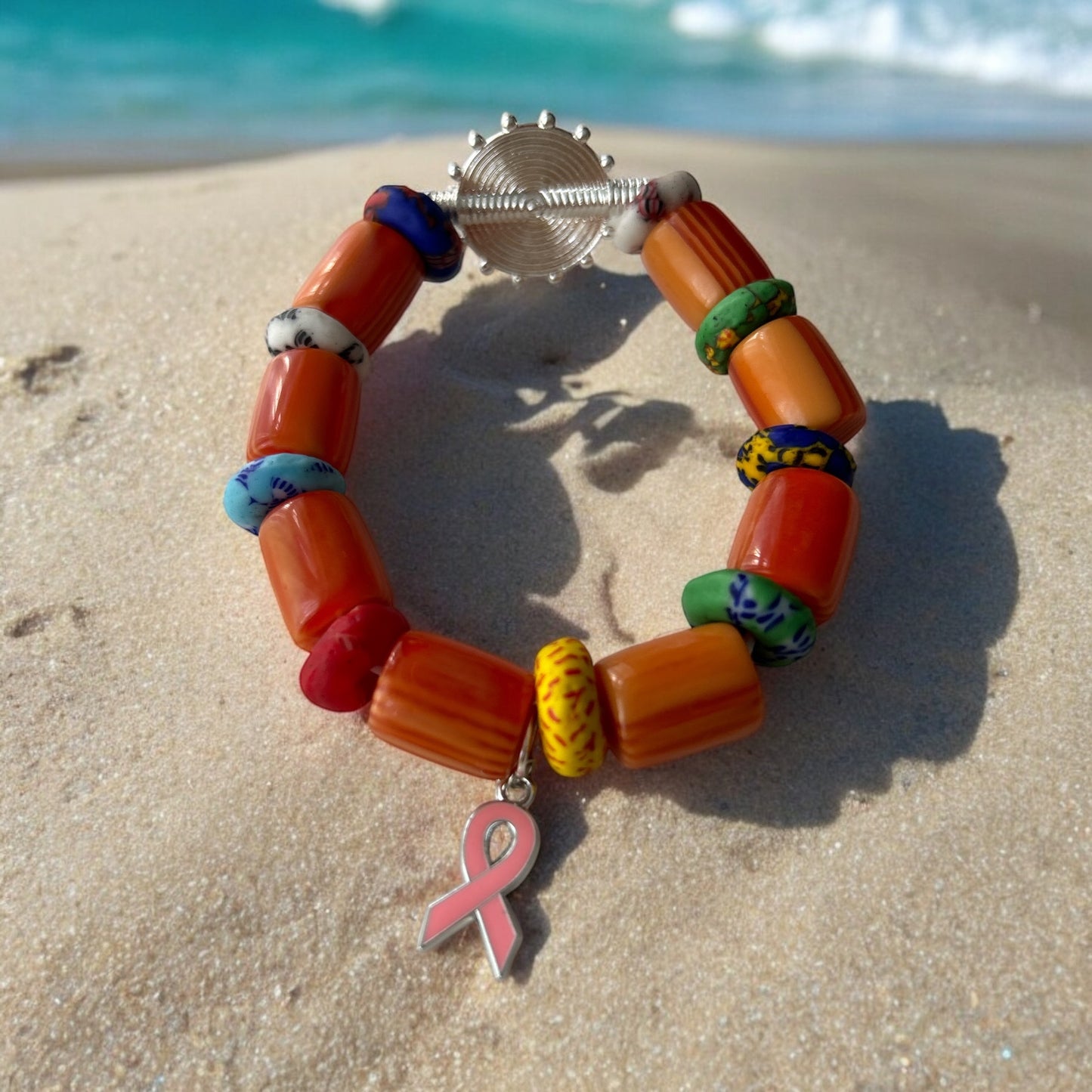 PINK RIBBON BRACELET Krobo & Orange Beads B