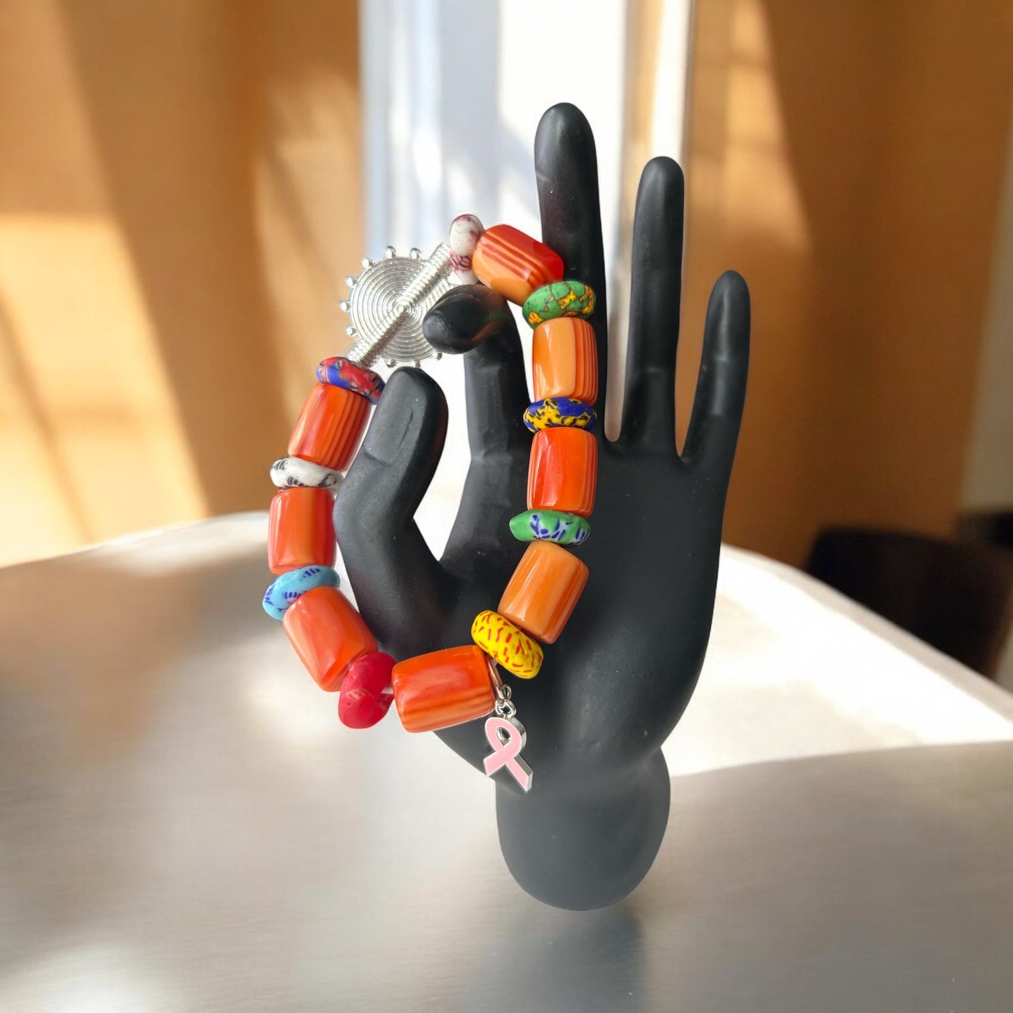 PINK RIBBON BRACELET Krobo & Orange Beads B