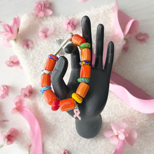 PINK RIBBON BRACELET Krobo & Orange Beads B