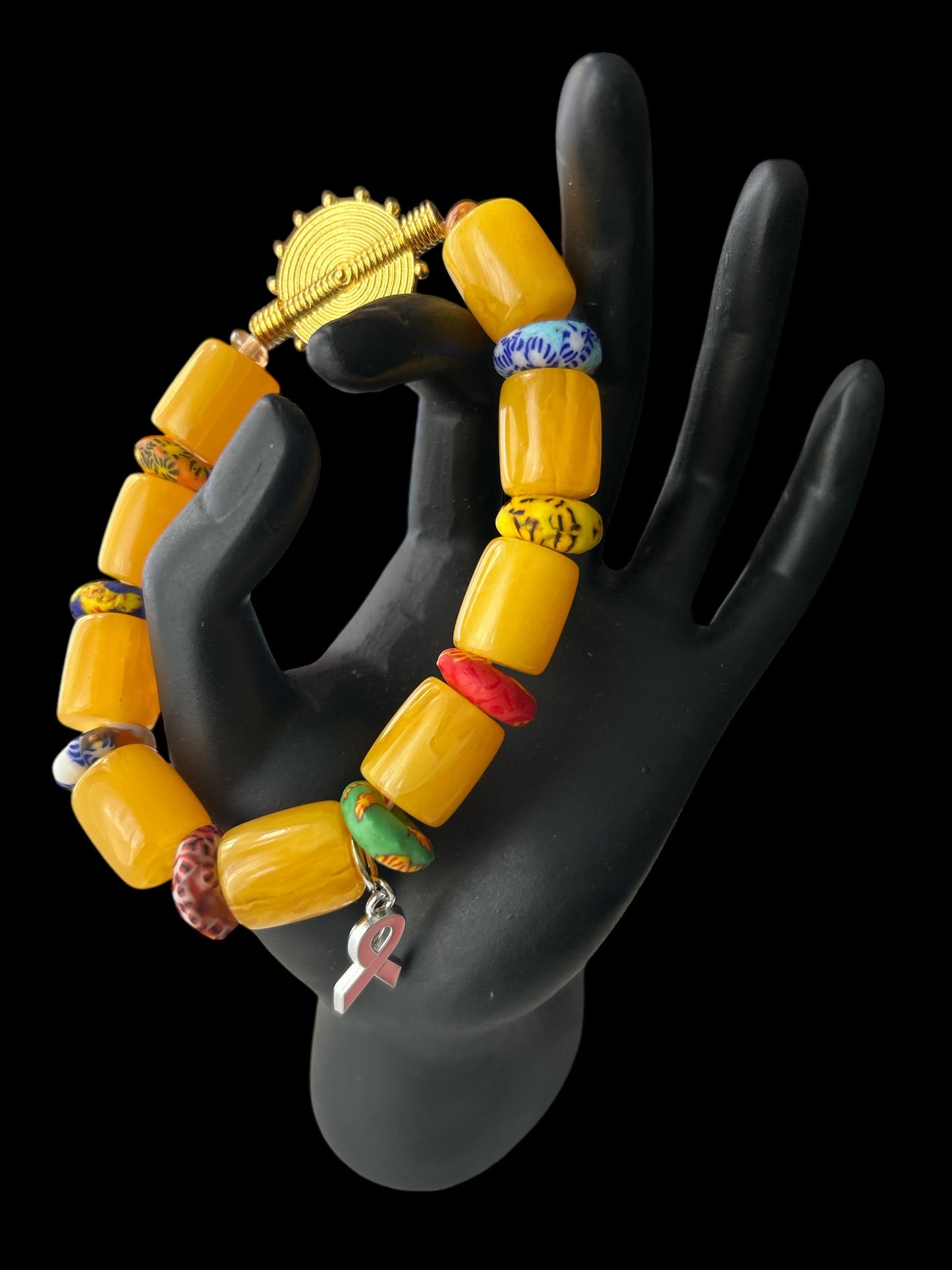 PINK RIBBON BRACELET Krobo & Yellow Beads