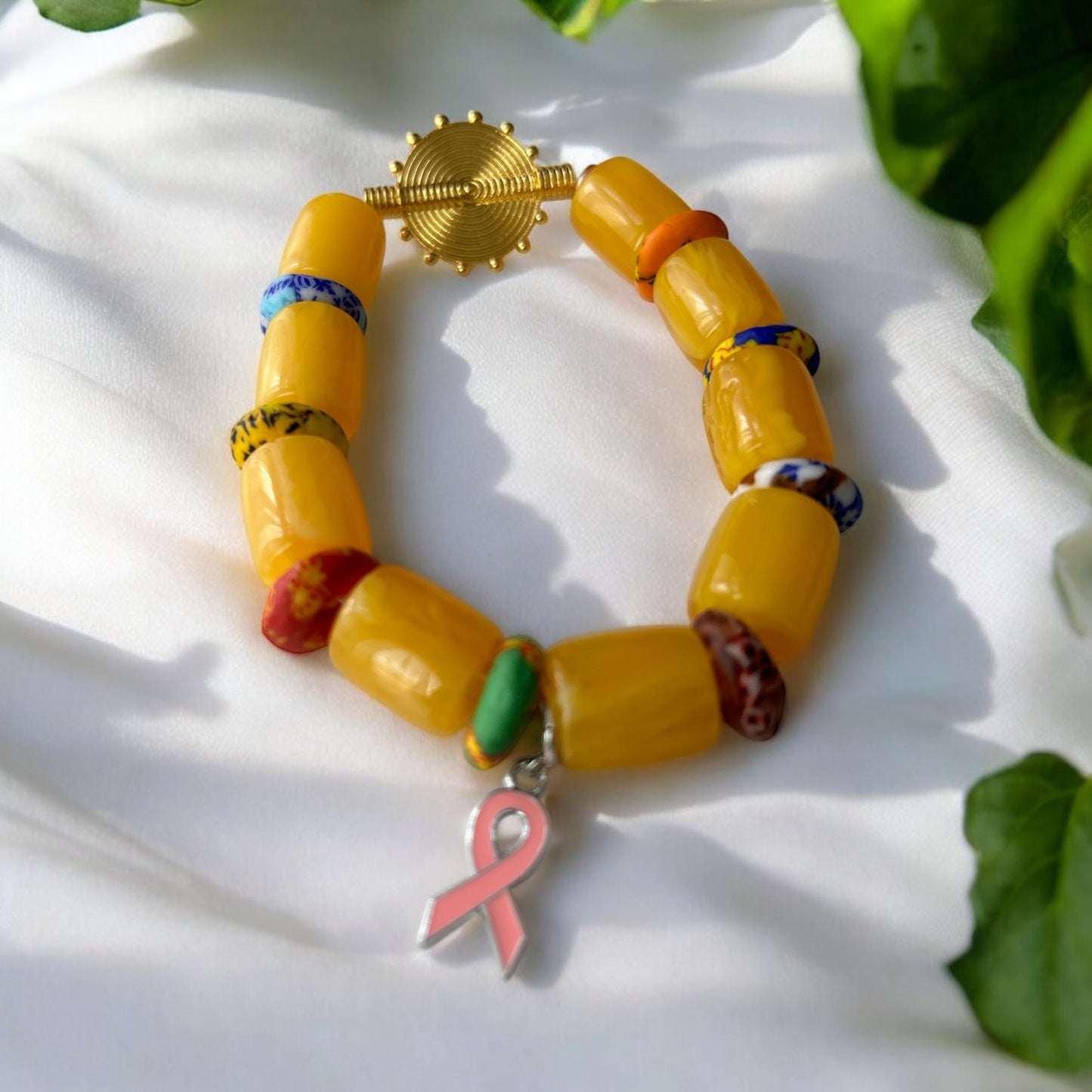 PINK RIBBON BRACELET Krobo & Yellow Beads