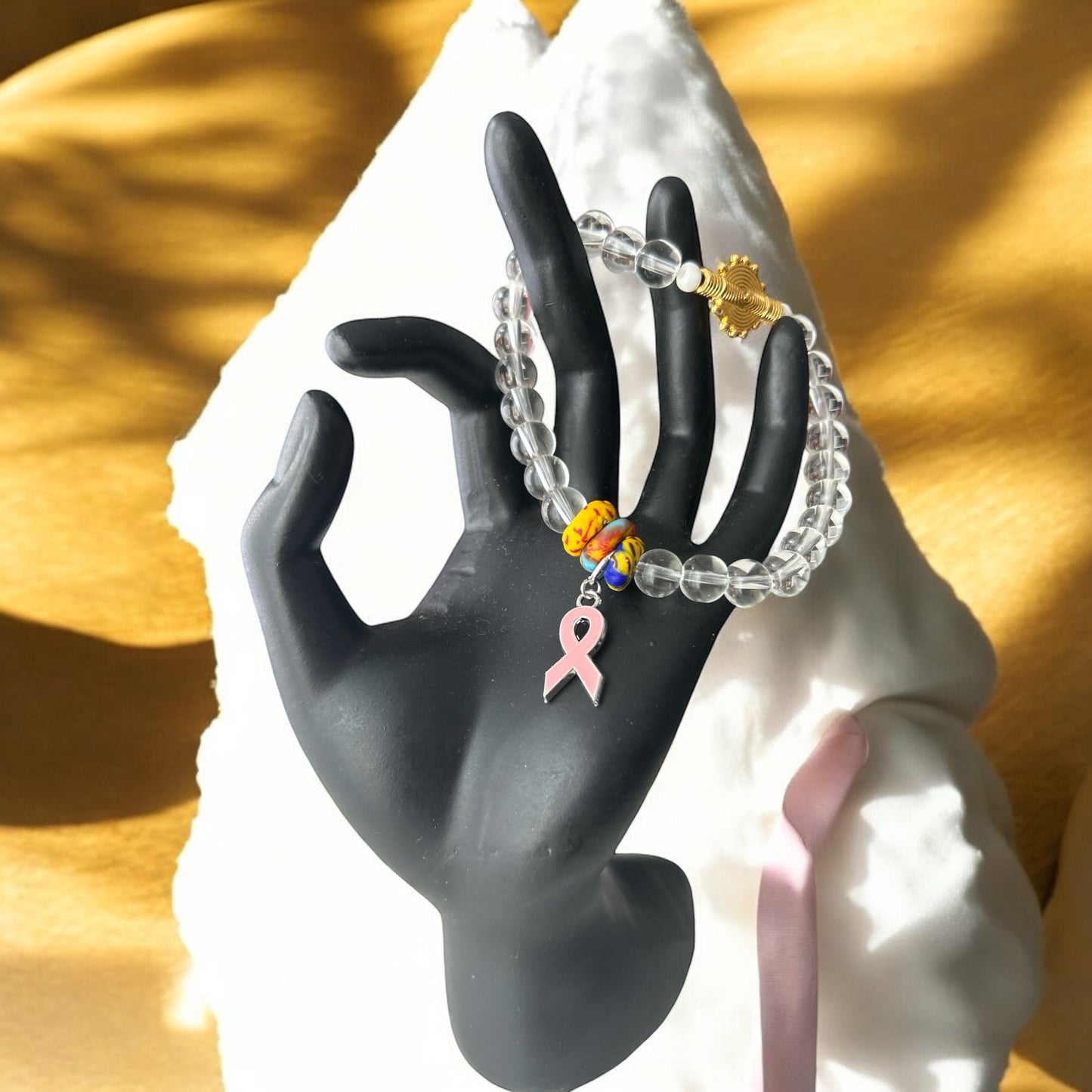 PINK RIBBON BRACELET White & Light Beads