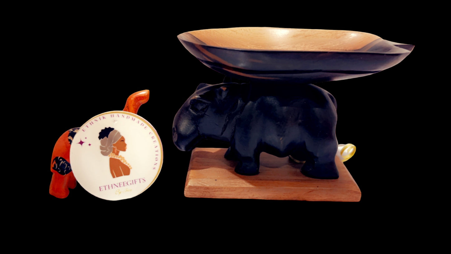 ETHNEEGIFTS - HOLDER WOOD HIPPOPOTAMUS COCOA POD BI-COLOR SUPPORT