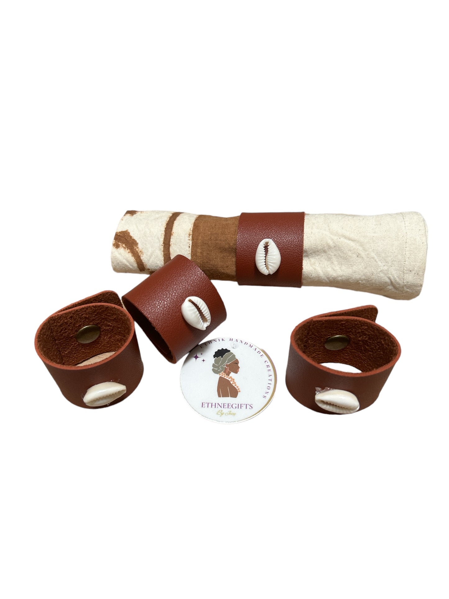 ETHNEEGIFTS - NAPKINS RINGS LEATHER & COWRIE (2 Set of 2) 4