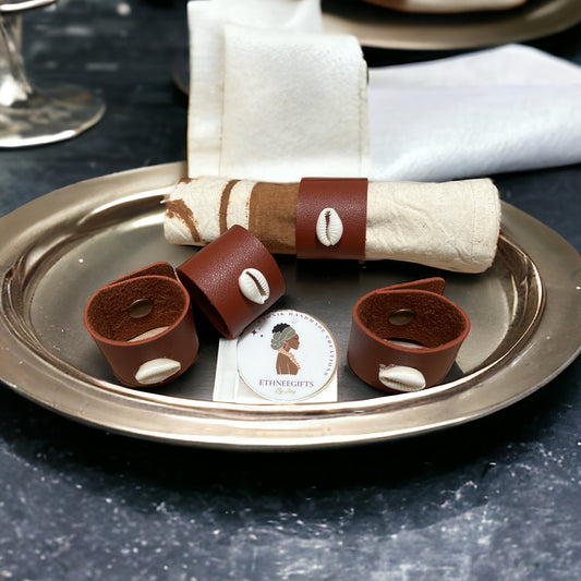 ETHNEEGIFTS - NAPKINS RINGS LEATHER & COWRIE (2 Set of 2) 4